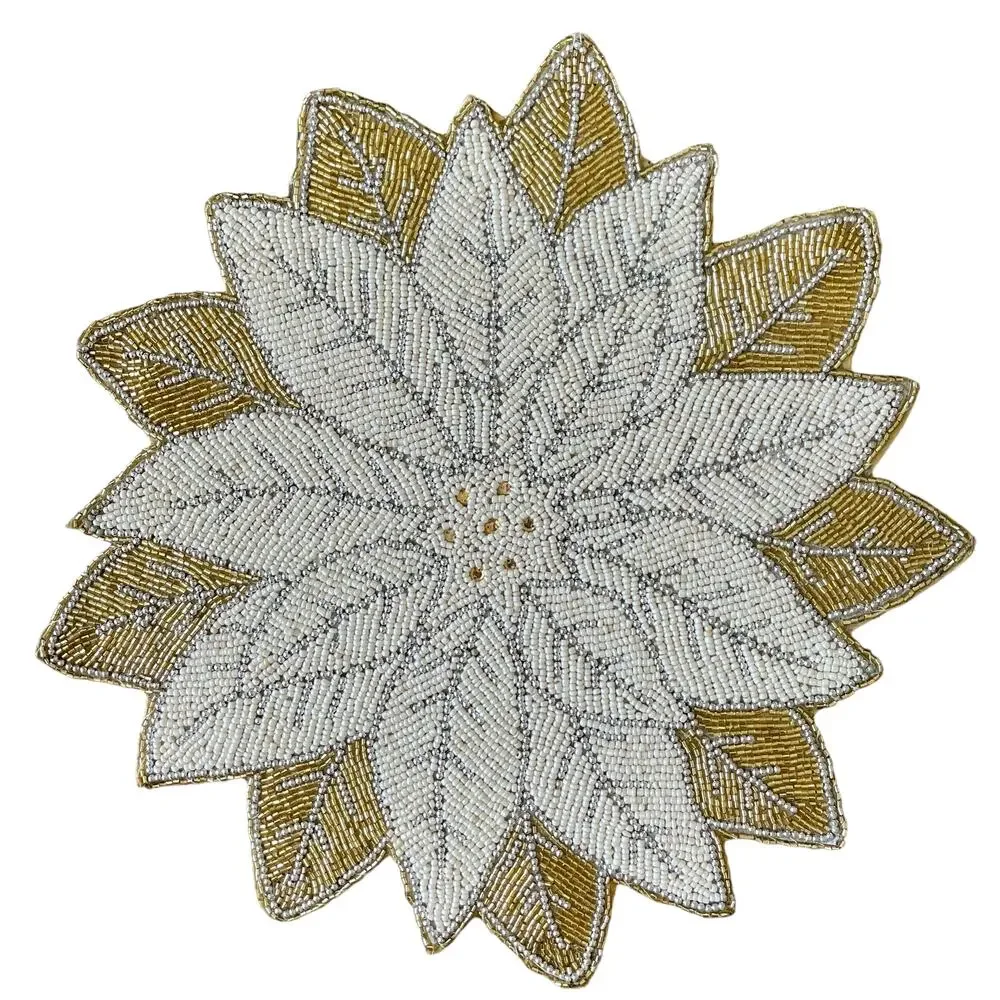 Max Studio Handmade Beaded POINSETTIA Placemat Charger 15in Glam Gold Ivory NEW